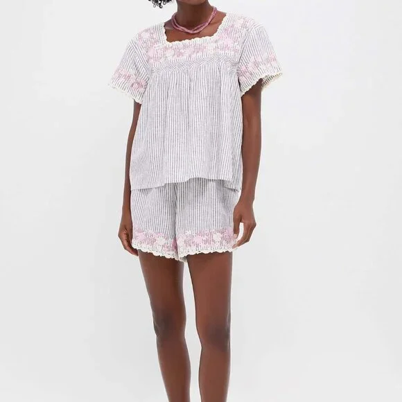 TUCKERNUCK Tan Stripe Embroidered Floral Linen Kali Short Size M NWT